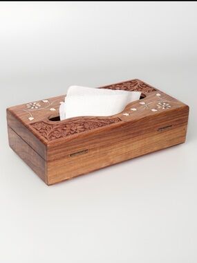 Floral Engraved Hinged Wooden Tissue Box